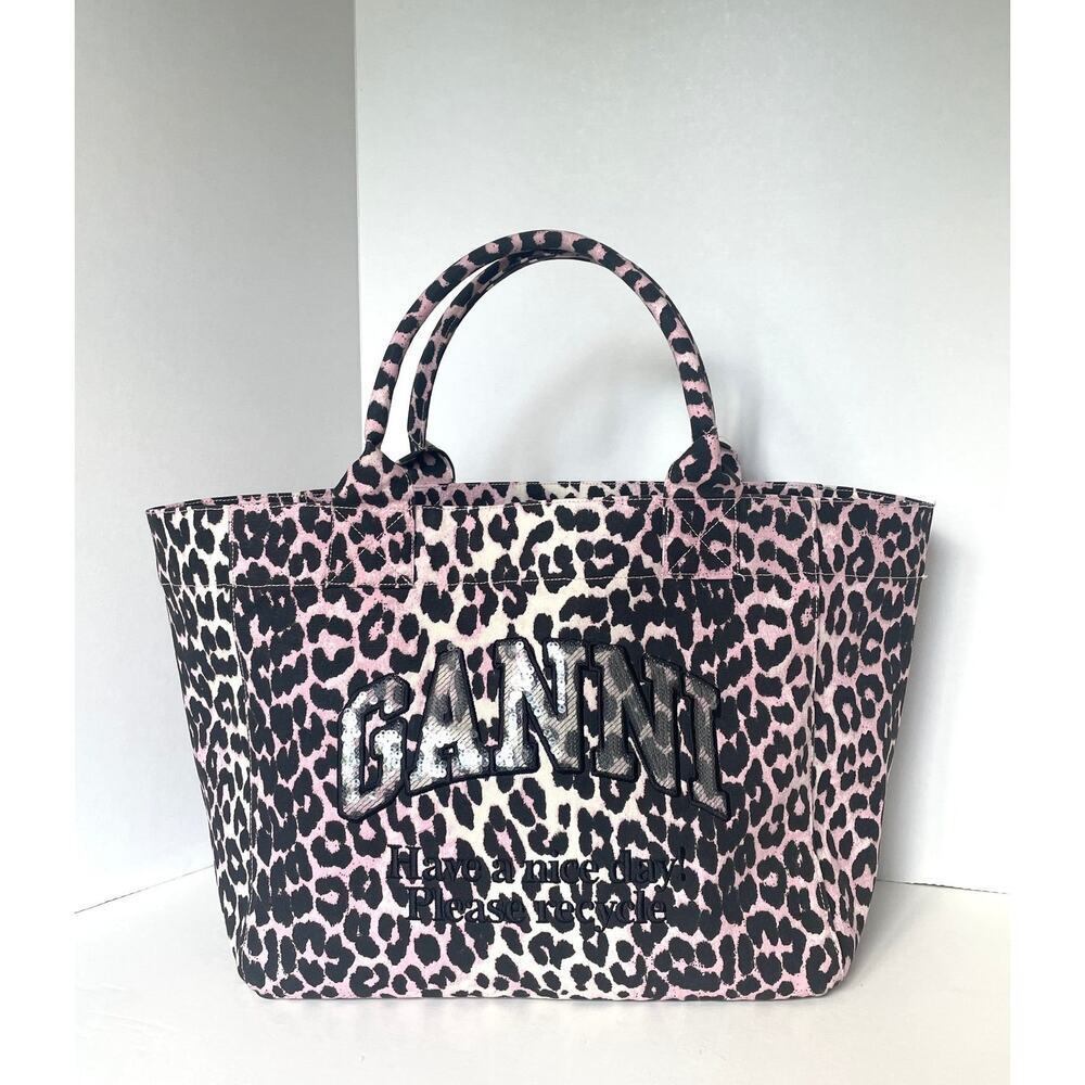 GANNI Medium Embellished Canvas Tote Bag Leopard Print Mauve